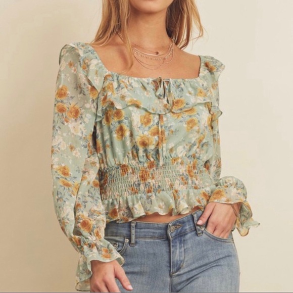 Peasant Prairie Floral Print Smocked Waist Ruffle Blouse Top Women’s Sizes NWT - Picture 9 of 11